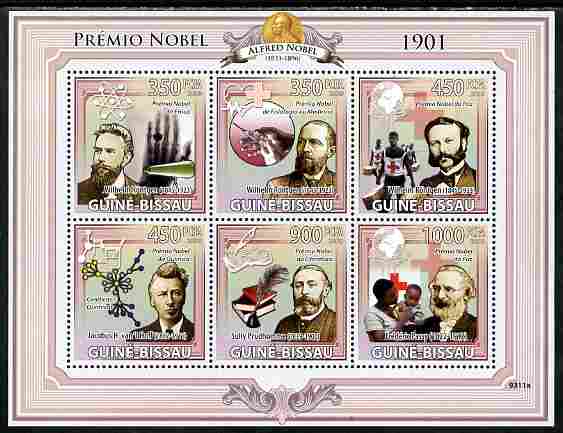 Guinea - Bissau 2009 Nobel Prize Winners for 1901 perf sheetlet containing 6 values unmounted mint Yv 2942-47, Mi 4224-20, stamps on , stamps on  stamps on personalities, stamps on  stamps on nobel, stamps on  stamps on literature, stamps on  stamps on science, stamps on  stamps on medival, stamps on  stamps on chemistry, stamps on  stamps on red cross, stamps on  stamps on atomics, stamps on  stamps on 