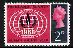 Falkland Islands 1968 Human Rights Year 2d with yellow omitted,  Maryland perf unused forgery, as SG 228a - the word Forgery is either handstamped or printed on the back ..., stamps on maryland, stamps on forgery, stamps on forgeries, stamps on 
