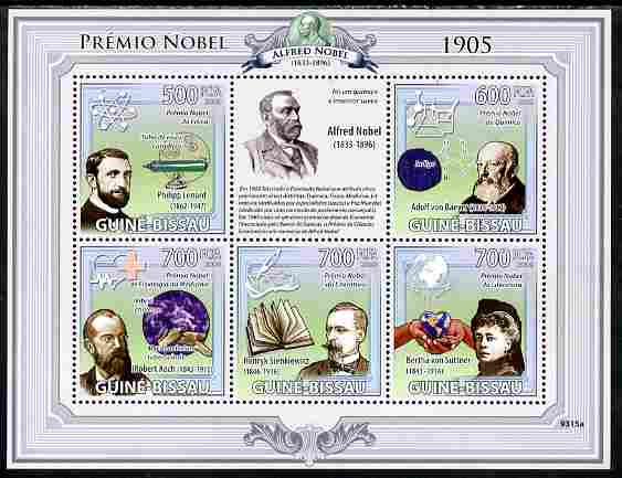 Guinea - Bissau 2009 Nobel Prize Winners for 1905 perf sheetlet containing 5 values unmounted mint Yv 2956-69, Mi 4253-57, stamps on , stamps on  stamps on personalities, stamps on  stamps on nobel, stamps on  stamps on literature, stamps on  stamps on science, stamps on  stamps on medival, stamps on  stamps on chemistry, stamps on  stamps on atomics, stamps on  stamps on 