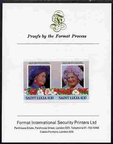 St Lucia 1985 Life & Times of HM Queen Mother (Leaders of the World) $1.10 se-tenant pair imperf mounted on Format International proof card, stamps on , stamps on  stamps on royalty, stamps on  stamps on queen mother