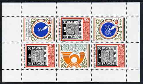 Bulgaria 1990 'Essen 90' International Stamp Fair sheetlet of 3 values plus 3 different labels, unmounted mint SG3680 x 3, stamps on stamp exhibitions