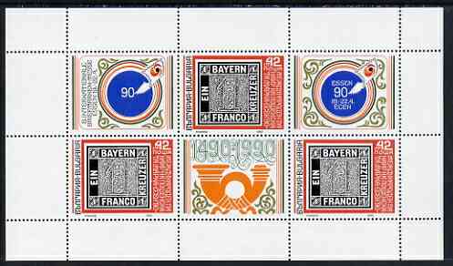 Bulgaria 1990 'Essen 90' International Stamp Fair sheetlet of 3 values plus 3 different labels, unmounted mint SG3680 x 3, stamps on , stamps on  stamps on stamp exhibitions