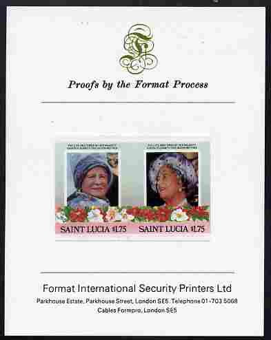 St Lucia 1985 Life & Times of HM Queen Mother (Leaders of the World) $1.75 se-tenant pair imperf mounted on Format International proof card, stamps on , stamps on  stamps on royalty, stamps on  stamps on queen mother