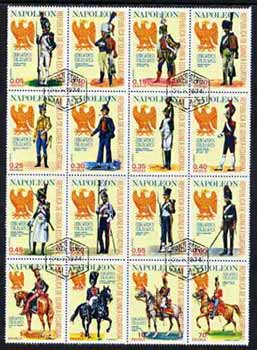 Equatorial Guinea 1977 Napoleonic Military Uniforms sheetlet of 16 cto used (Mi1181-1196), stamps on militaria, stamps on napoleon, stamps on horses  , stamps on dictators.