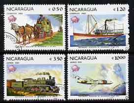 Nicaragua 1982 Universal Postal Union Membership Centenary (Mailcoach, Packet Steamer, Loco & Airliner) set of 4 fine cto used, SG 2355-58, stamps on , stamps on  stamps on horses, stamps on  stamps on aviation, stamps on  stamps on railways, stamps on  stamps on ships, stamps on  stamps on upu, stamps on  stamps on mail coaches, stamps on  stamps on  upu , stamps on  stamps on 