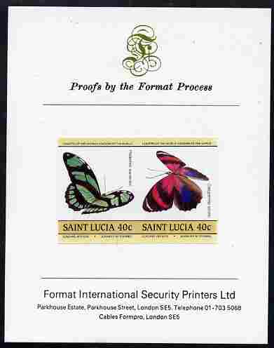 St Lucia 1985 Butterflies (Leaders of the World) 40c se-tenant pair imperf mounted on Format International proof card, stamps on butterflies