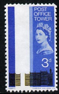 Great Britain 1965 Post Office Tower 3d with olive-yellow (Tower) omitted,  'Maryland' perf forgery 'unused', as SG 679a - the word Forgery is either handstamped or printed on the back and comes on a presentation card with descriptive notes, stamps on , stamps on  stamps on maryland, stamps on  stamps on forgery, stamps on  stamps on forgeries
