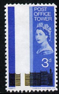 Great Britain 1965 Post Office Tower 3d with olive-yellow (Tower) omitted,  'Maryland' perf forgery 'unused', as SG 679a - the word Forgery is either handstamped or printed on the back and comes on a presentation card with descriptive notes, stamps on maryland, stamps on forgery, stamps on forgeries