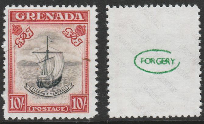 Grenada 1938-50 KG6 definitive Badge of Colony 10s,  Maryland perf forgery unused, as SG 163 - the word Forgery is either handstamped or printed on the back and comes on ..., stamps on maryland, stamps on forgery, stamps on forgeries, stamps on  kg6 , stamps on 