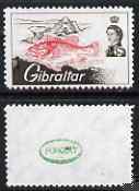 Gibraltar 1966 Sea Angling 7d with black omitted (value & inscription),  'Maryland' perf forgery 'unused', as SG 191a - the word Forgery is either handstamped or printed on the back and comes on a presentation card with descriptive notes, stamps on maryland, stamps on forgery, stamps on forgeries, stamps on fish, stamps on fishing