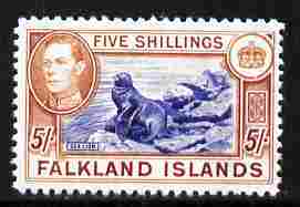 Falkland Islands 1938-50 KG6 Sealion 5s  'Maryland' perf forgery 'unused', as SG 161 - the word Forgery is either handstamped or printed on the back and comes on a presentation card with descriptive notes, stamps on , stamps on  stamps on maryland, stamps on  stamps on forgery, stamps on  stamps on forgeries, stamps on  stamps on  kg6 , stamps on  stamps on 