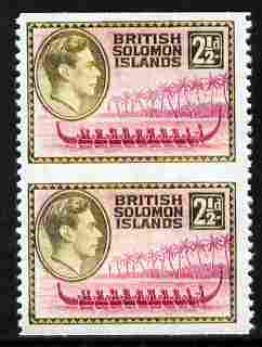 Solomon Islands 1939 KG6 2.5d (Roviana Canoe) vert pair with horiz perfs omitted,  Maryland forgery unused, as SG 64a - the word Forgery is either handstamped or printed ..., stamps on maryland, stamps on forgery, stamps on forgeries, stamps on  kg6 , stamps on canoes