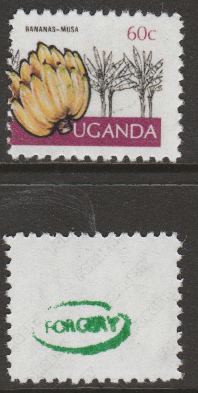 Uganda 1977 Plants (Bananas) 60c with surcharge (80c) omitted,  'Maryland' perf forgery 'unused', as SG 198a - the word Forgery is either handstamped or printed on the back and comes on a presentation card with descriptive notes, stamps on maryland, stamps on forgery, stamps on forgeries, stamps on bananas, stamps on fruit