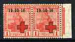 Trinidad & Tobago 1916 Red Cross Overprint on Britannia 1d unmounted mint marginal pair, one stamp with 'small stop after 16', SG 175var, stamps on , stamps on  stamps on red cross, stamps on  stamps on  kg5 , stamps on  stamps on 