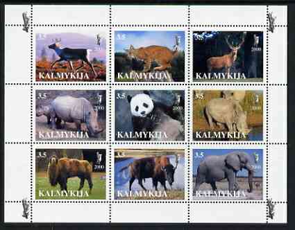 Kalmikia Republic 2000 Wild Animals perf sheetlet containing 9 values unmounted mint, stamps on animals, stamps on deer, stamps on cats, stamps on elephants, stamps on pandas