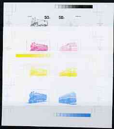 North Korea 1996 Railways sheetlet #1 (containing 2 x 50ch values) the set of 4 imperf progressive proofs comprising the 4 individual colours (magenta, yellow, blue & black) as SG N3603-04, stamps on , stamps on  stamps on railways