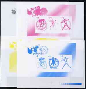 North Korea 2000 Sydney Olympic Games imperf proof of sheetlet #1 (Cycling, basketball, Javelin) - the set of 4 imperf progressive proofs comprising the 4 individual colo..., stamps on olympics, stamps on bicycles, stamps on basketball, stamps on javelin