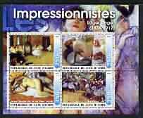 Ivory Coast 2003 Art of the Impressionists - Paintings by Edgar Degas perf sheetlet containing 4 values unmounted mint, stamps on , stamps on  stamps on arts, stamps on  stamps on degas, stamps on  stamps on dancing, stamps on  stamps on nudes