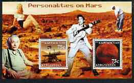 Kyrgyzstan 2003 Personalities on Mars perf m/sheet containing 2 values unmounted mint (Shows Elvis, Marilyn, Einstein & Tiger Woods), stamps on , stamps on  stamps on music, stamps on  stamps on personalities, stamps on  stamps on elvis, stamps on  stamps on entertainments, stamps on  stamps on films, stamps on  stamps on cinema, stamps on  stamps on golf, stamps on  stamps on science, stamps on  stamps on judaica, stamps on  stamps on marilyn monroe, stamps on  stamps on mars, stamps on  stamps on planets, stamps on  stamps on einstein, stamps on  stamps on nobel, stamps on  stamps on physics, stamps on  stamps on einstein, stamps on  stamps on maths, stamps on  stamps on personalities, stamps on  stamps on einstein, stamps on  stamps on science, stamps on  stamps on physics, stamps on  stamps on nobel, stamps on  stamps on maths, stamps on  stamps on space, stamps on  stamps on judaica, stamps on  stamps on atomics