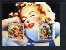 Kyrgyzstan 2003 Marilyn Monroe perf m/sheet containing 2 values (Colour) unmounted mint, stamps on , stamps on  stamps on films, stamps on  stamps on cinema, stamps on  stamps on entertainments, stamps on  stamps on music, stamps on  stamps on personalities, stamps on  stamps on marilyn monroe