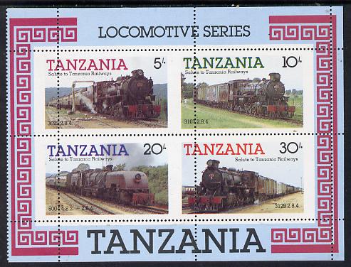 Tanzania 1985 Locomotives m/sheet with superb misplaced perforations unmounted mint (SG MS 434), stamps on , stamps on  stamps on railways, stamps on big locos