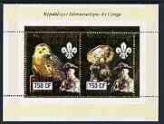 Congo 2003 Owls & Fungi perf sheetlet containing 2 x 750 CF values with embossed gold background also showingh baden Powell & Scout Logo, unmounted mint, stamps on birds, stamps on birds of prey, stamps on owls, stamps on fungi, stamps on scouts   