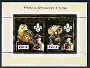 Congo 2003 Owls & Fungi perf sheetlet containing 2 x 750 CF values with embossed gold background also showingh baden Powell & Scout Logo, unmounted mint, stamps on birds, stamps on birds of prey, stamps on owls, stamps on fungi, stamps on scouts