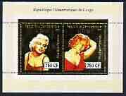 Congo 2003 Marilyn Monroe perf sheetlet containing 2 x 750 CF values with embossed gold background, unmounted mint, stamps on , stamps on  stamps on personalities, stamps on  stamps on cinema, stamps on  stamps on films, stamps on  stamps on marilyn monroe, stamps on  stamps on entertainments, stamps on  stamps on 