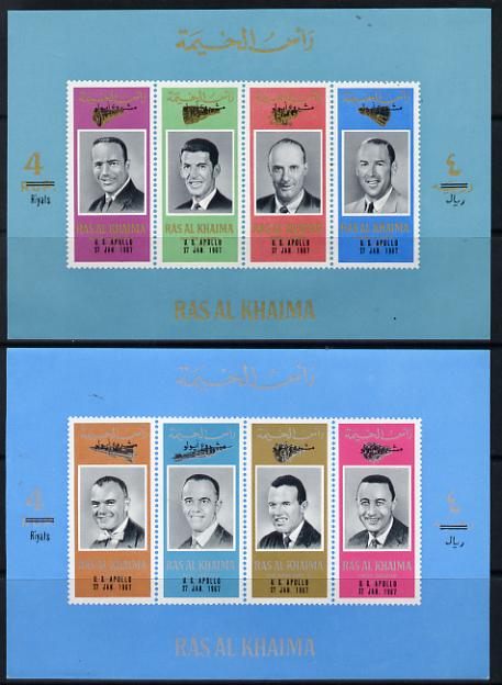 Ras Al Khaima 1967 Apollo Disaster opts on US Astronauts set of 2 imperf m/sheets, Mi BL 36 & 37 unmounted mint, stamps on , stamps on  stamps on personalities, stamps on space, stamps on disasters