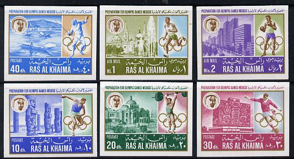 Ras Al Khaima 1967 Mexico Pre-Olympics (Buildings) imperf set of 6 unmounted mint, Mi 203B-208B, stamps on , stamps on  stamps on buildings  olympics  sport    weightlifting    discus    running    boxing   fencing   football