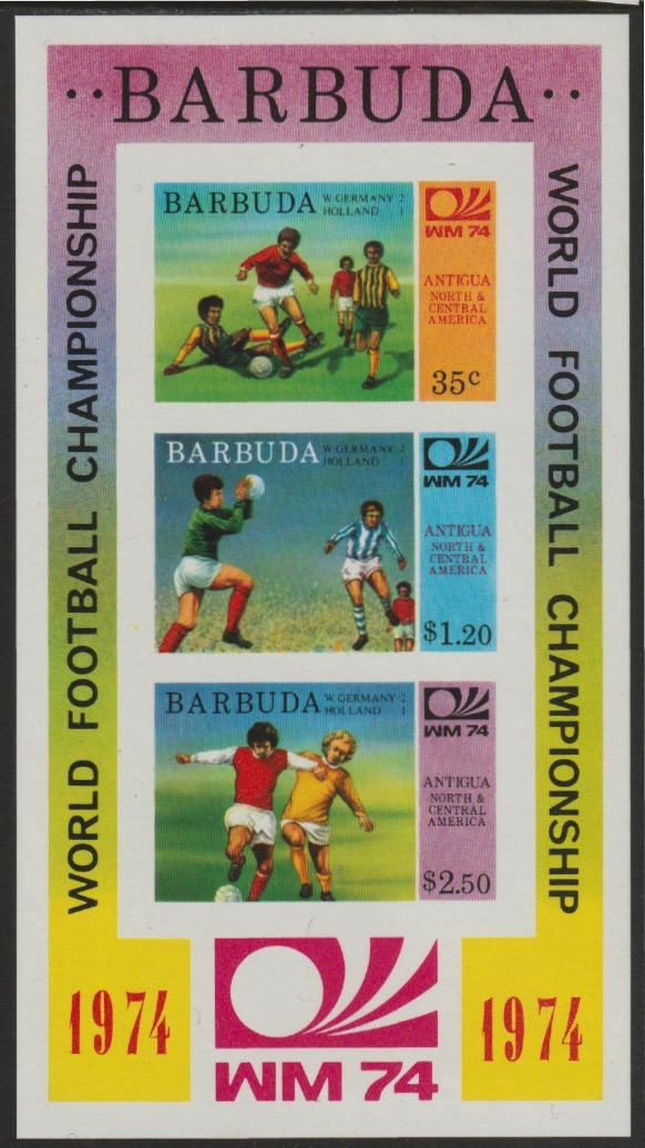 Barbuda 1974 World Cup Football Winners imperf m/sheet (unissued with names of teams) unmounted mint, stamps on football  sport