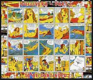 Benin 2003 Gullivera's Travels #01 - (Strip Cartoon) perf sheetlet of 20 (2 values + 18 labels) unmounted mint, stamps on , stamps on  stamps on literature, stamps on  stamps on cartoons, stamps on  stamps on nudes, stamps on  stamps on women, stamps on  stamps on erotica