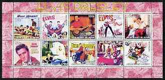 Benin 2003 Elvis Presley perf sheetlet containing 10 values (pink border) unmounted mint, stamps on personalities, stamps on elvis, stamps on music, stamps on films, stamps on movies, stamps on motorbikes
