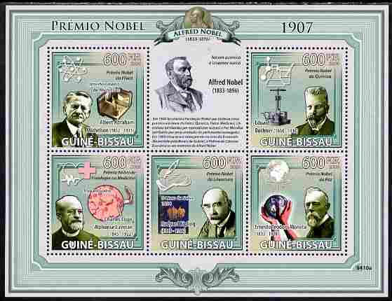 Guinea - Bissau 2009 Nobel Prize Winners for 1907 perf sheetlet containing 5 values unmounted mint Yv 3021-25, stamps on , stamps on  stamps on personalities, stamps on  stamps on nobel, stamps on  stamps on literature, stamps on  stamps on science, stamps on  stamps on medival, stamps on  stamps on chemistry, stamps on  stamps on atomics, stamps on  stamps on 