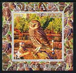 Benin 2003 Birds - Little Owl composite perf sheetlet containing 1 value + 1 label with Scouts Logo, unmounted mint, stamps on , stamps on  stamps on birds, stamps on  stamps on scouts, stamps on  stamps on owls, stamps on  stamps on birds of prey