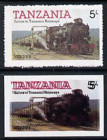 Tanzania 1985 Locomotive 3022 5s value (SG 430) unmounted mint imperf single with entire design doubled plus perf'd normal*, stamps on railways