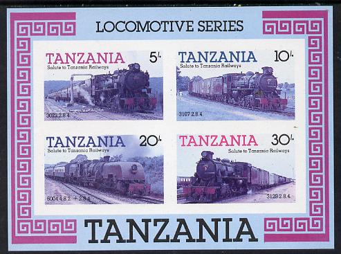 Tanzania 1985 Locomotives unmounted mint imperf colour proof of m/sheet in blue, magenta & black only (SG MS 434), stamps on , stamps on  stamps on railways, stamps on big locos