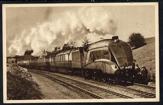 Postcard by Ian Allan - LNER up West Riding limited headed by Clas A4 4-6-2 No.4495 Golden Fleece, sepia, unused and in good condition, stamps on railways