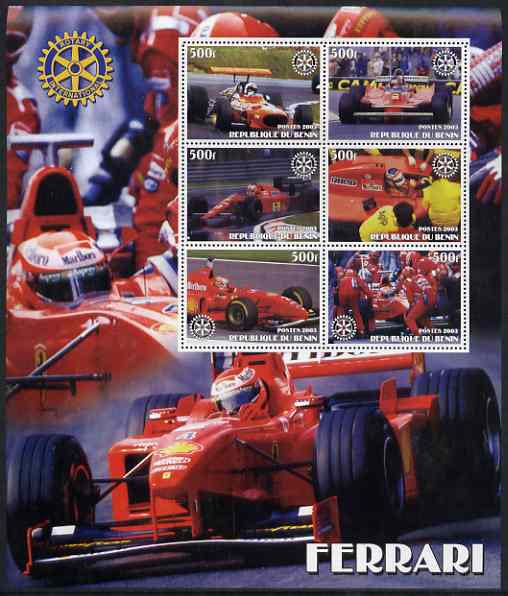 Benin 2003 Ferrari Racing Cars large perf sheet containing 6 values each with Rotary Logo, unmounted mint, stamps on , stamps on  stamps on cars, stamps on  stamps on racing cars, stamps on  stamps on  f1 , stamps on  stamps on ferrari, stamps on  stamps on rotary