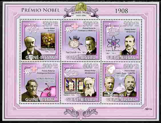 Guinea - Bissau 2009 Nobel Prize Winners for 1908 perf sheetlet containing 6 values unmounted mint Yv 3026-31, stamps on , stamps on  stamps on personalities, stamps on  stamps on nobel, stamps on  stamps on literature, stamps on  stamps on science, stamps on  stamps on medival, stamps on  stamps on chemistry, stamps on  stamps on atomics, stamps on  stamps on 