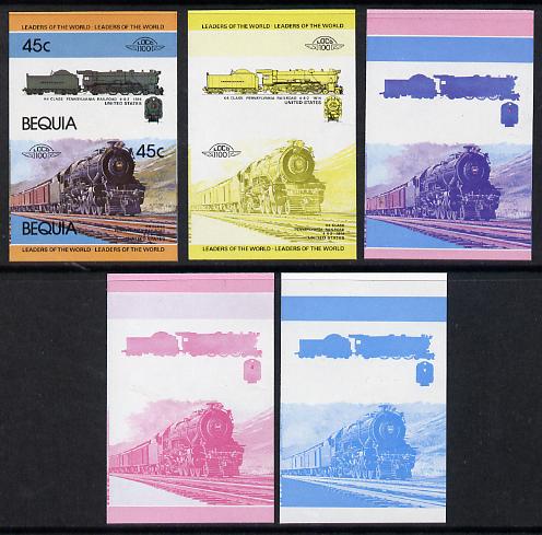 St Vincent - Bequia 1984 Locomotives #1 (Leaders of the World) 45c (4-6-2 Pennsylvania Railroad K4 Class) set of 5 imperf se-tenant progressive proof pairs comprising two individual colours, two 2-colour and all 4-colour composites unmounted mint, stamps on , stamps on  stamps on railways