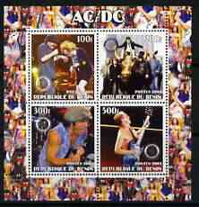 Benin 2003 AC/DC perf sheetlet containing set of 4 values each with Rotary International Logo unmounted mint, stamps on , stamps on  stamps on personalities, stamps on  stamps on entertainments, stamps on  stamps on music, stamps on  stamps on pops, stamps on  stamps on rotary, stamps on  stamps on rock