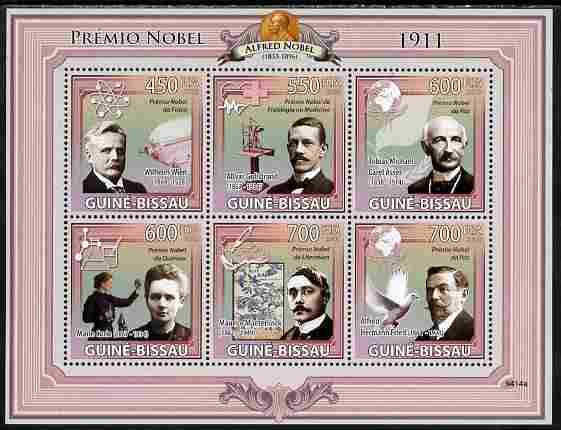 Guinea - Bissau 2009 Nobel Prize Winners for 1911 perf sheetlet containing 6 values unmounted mint Yv 3043-48, stamps on personalities, stamps on nobel, stamps on literature, stamps on science, stamps on medival, stamps on chemistry, stamps on atomics, stamps on 