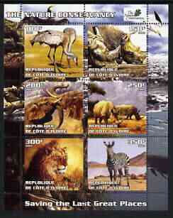 Ivory Coast 2003 The Nature Conservancy perf sheetlet containing set of 6 values (Animals) unmounted mint, stamps on wildlife, stamps on environment, stamps on elephants, stamps on rhinos, stamps on cats, stamps on lions, stamps on zebras, stamps on zebra