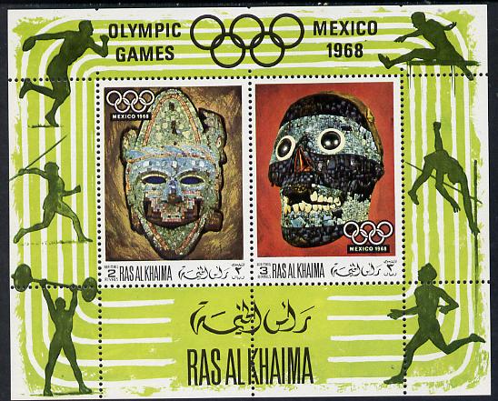 Ras Al Khaima 1969 Mexican Masks (Olympic Games) perf m/sheet unmounted mint,, Mi BL 76A, stamps on , stamps on  stamps on arts    folklore    olympics    masks   sport