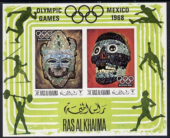 Ras Al Khaima 1969 Mexican Masks (Olympic Games) imperf m/sheet unmounted mint,, Mi BL 76B, stamps on arts  folklore  olympics      masks   sport