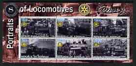 Somalia 2002 Portraits of Locomotives #3 perf sheetlet containing set of 6 values (Shay x 5 & Climax) each with Rotary logo, unmounted mint