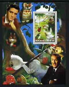 Benin 2003 'Ugly Duck' perf m/sheet with portraits of Elvis & Walt Disney, unmounted mint, stamps on , stamps on  stamps on films, stamps on  stamps on cinema, stamps on  stamps on personalities, stamps on  stamps on entertainments, stamps on  stamps on elvis, stamps on  stamps on disney, stamps on  stamps on ducks, stamps on  stamps on owls