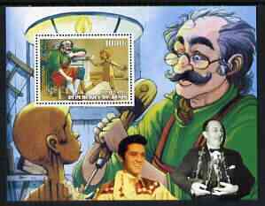 Benin 2003 Pinocchio perf m/sheet #1 with portraits of Elvis & Walt Disney, unmounted mint, stamps on , stamps on  stamps on films, stamps on  stamps on cinema, stamps on  stamps on personalities, stamps on  stamps on entertainments, stamps on  stamps on elvis, stamps on  stamps on disney, stamps on  stamps on ducks