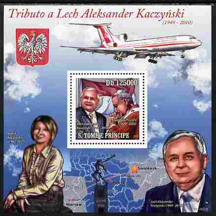 St Thomas & Prince Islands 2010 Tribute to Leck Kaczynski perf s/sheet unmounted mint , stamps on personalities, stamps on constitutions, stamps on aviation, stamps on pope, stamps on disasters, stamps on flags